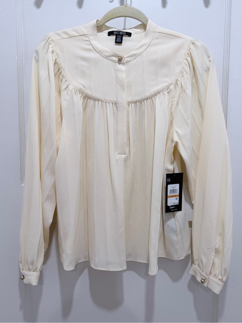 BCBG Ivory Gathered Yoke Button-Front Long Sleeve Blouse